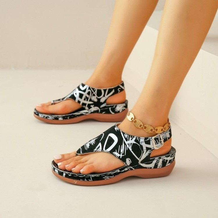 Plus Size Herringbone Sandals Women s Ethnic Style Embroidered Flower Back Buckle Wedge Sandals Women 36 чёрный