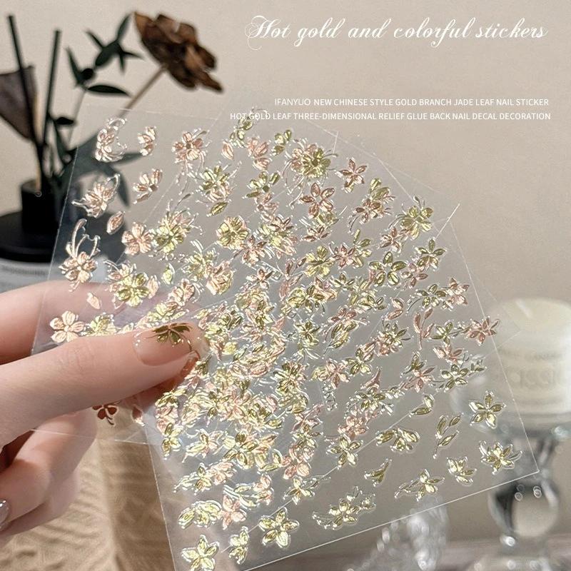 1 ark 3D roséguldfärgad blomma nagelkonst klistermärken ultratunna självhäftande guldfärg gör-det-själv dekaler manikyrdekoration
