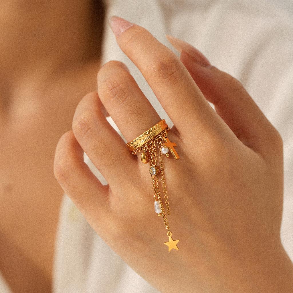 Euro-American style stainless steel star cross zircon ring for women, niche design open ring, titanium steel tassel hand jewelry