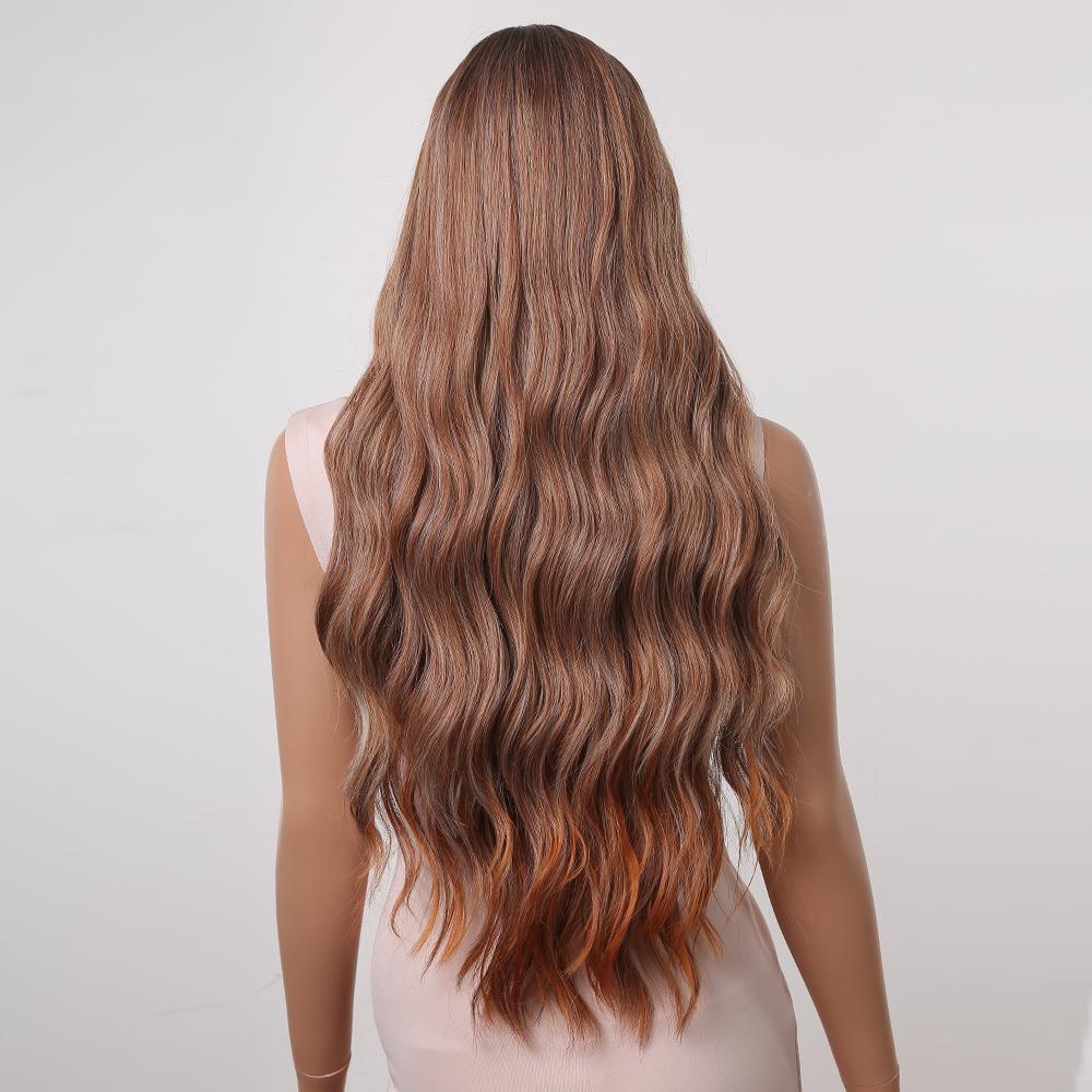 ALAN EATON Ombre Braun-Blond-Mischperücken mit Pony, lang, lockig, gewellt, Kunsthaarperücken für Frauen, hitzebeständige Faserperücken, für den Alltag, Partys, Cosplay