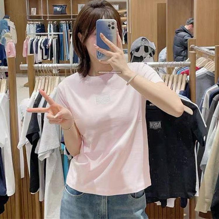 Women's Crew Neck Short Sleeve Slim Fit Korean Cotton Crop T-Shirt Small Logo Letter Print Celebrity Same Tee