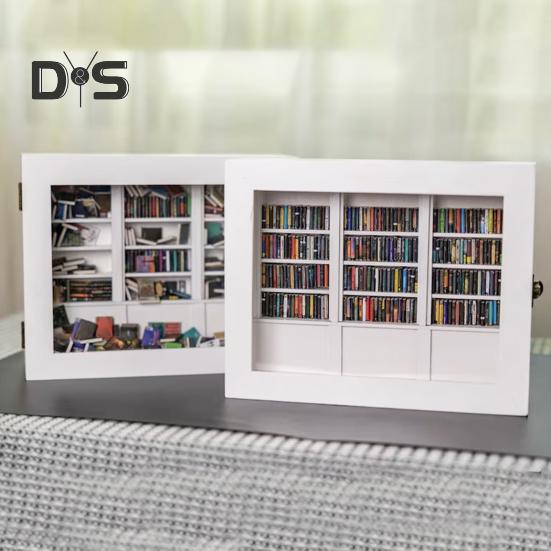 Anxiety Relief Mini Bookshelf Realistic Miniature Bookshelf Ornament with 300 Pcs Mini Book Wood Simulated Mini Bookshelf for Book Lovers Home Office