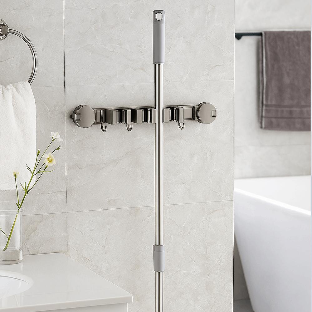 Suction Cup Installation Mop Clip Wall Mounted Adjustable Broom Storage Rack with Hook Rustproof Hook Shelf