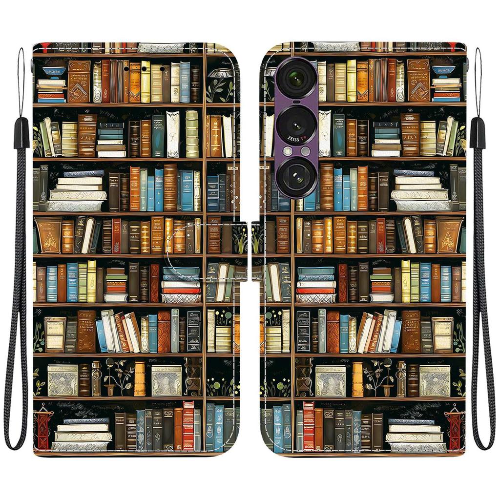 Handmade PU Leather Flip Case for Sony Xperia 1 VII Anti-Slip Shockproof Cover with Wrist Strap & Heart/Rose Cat Designs