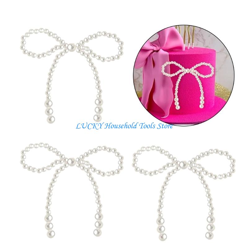 J0MC 12Pcs White Imitation Pearls Bowknot Cake Decoration Cake Toppers for Wedding Baby Showers Birthday Cake Embellishment