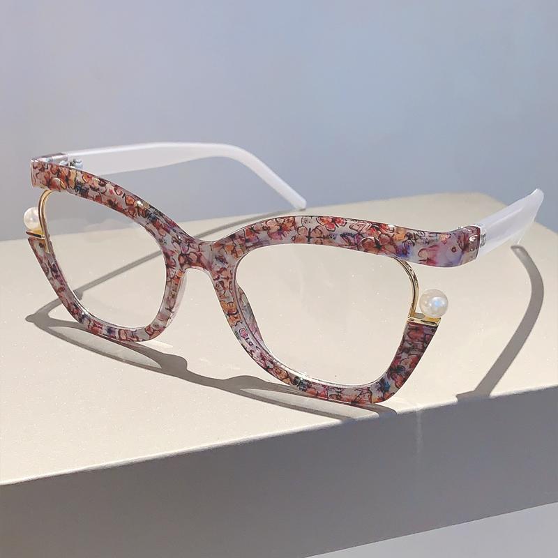 Oversized Cat Eye Women Eyeglasses with Pearls Stylish Blue Light Blocking Spectacles Trendy Multicolor Computer Eyewear