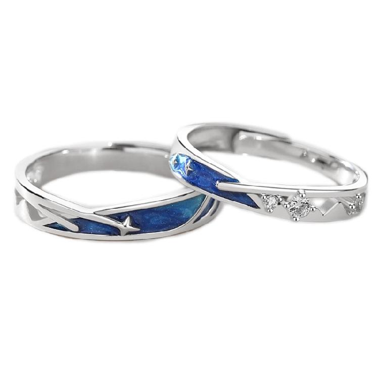 

2 Pcs Sea Blue Meteoric Star Couple Rings Wedding Bands Adjustable for Him & Her 1
