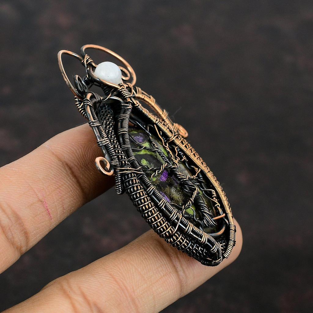 Tree Of Life Copper Stichtite Pendant Copper Wire Wrapped Pendant Copper Jewelry Rainbow Moonstone Pendant Handmade Natural Gemstone Pendant