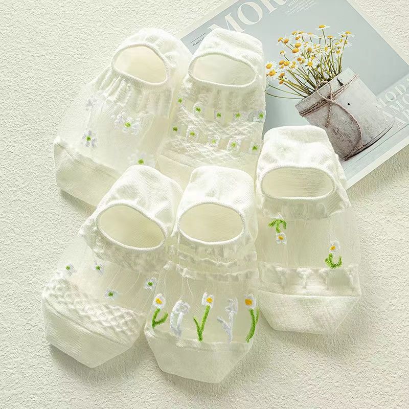 5 Pairs of Female Summer Ultra Thin Hollow Breathable Cool White Stealth Boat Socks