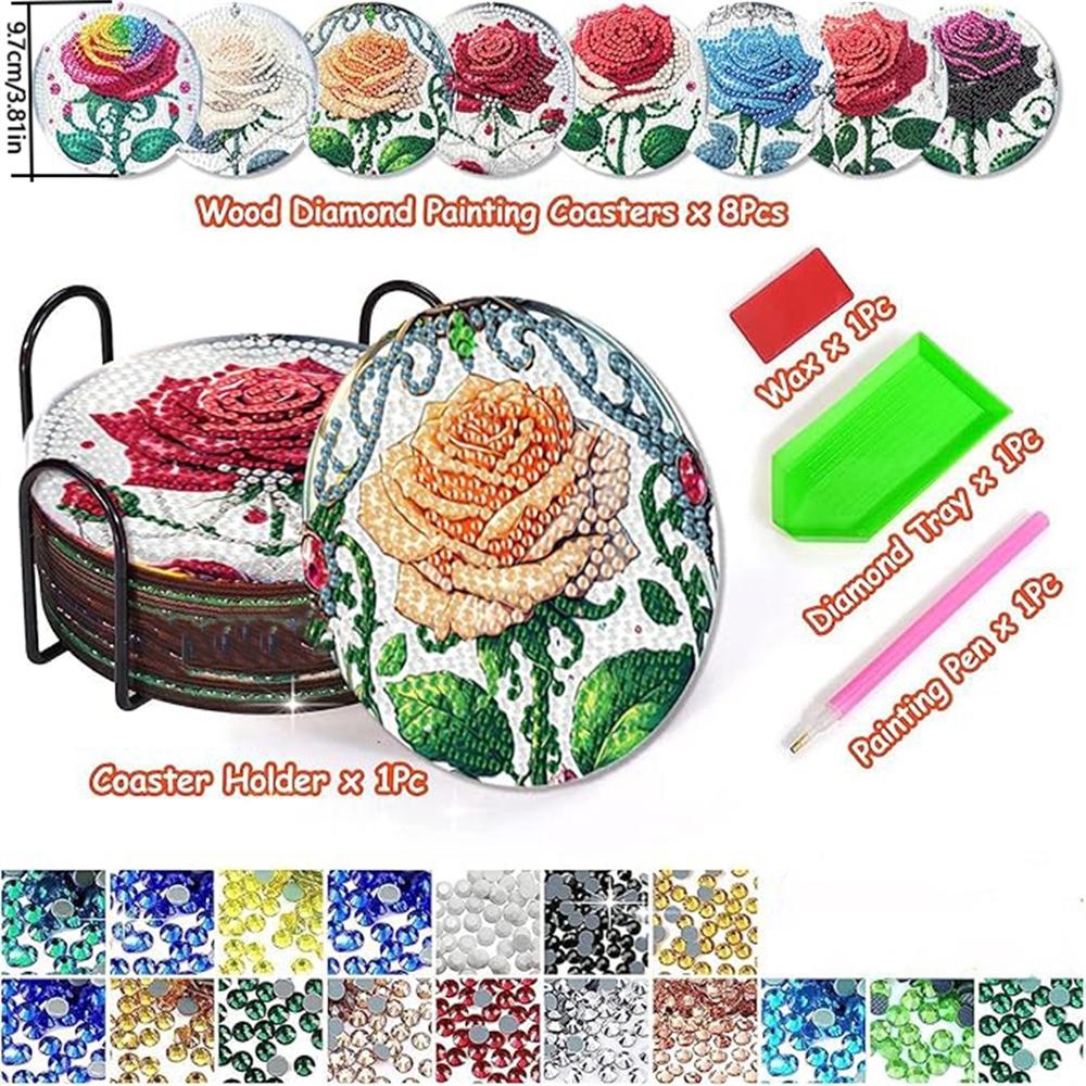 8 Pieces/set of Diamond Flower Patterned Coasters, DIY Coasters with Holder, Suitable for Beginners and Adults, Art and Craft Supplies Gifts