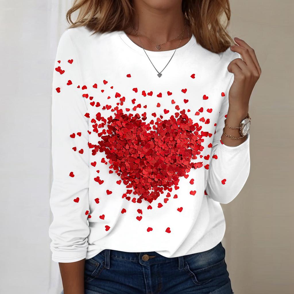 Damen Rundhals-Oberteil mit Herz-Print, locker, langärmelig
