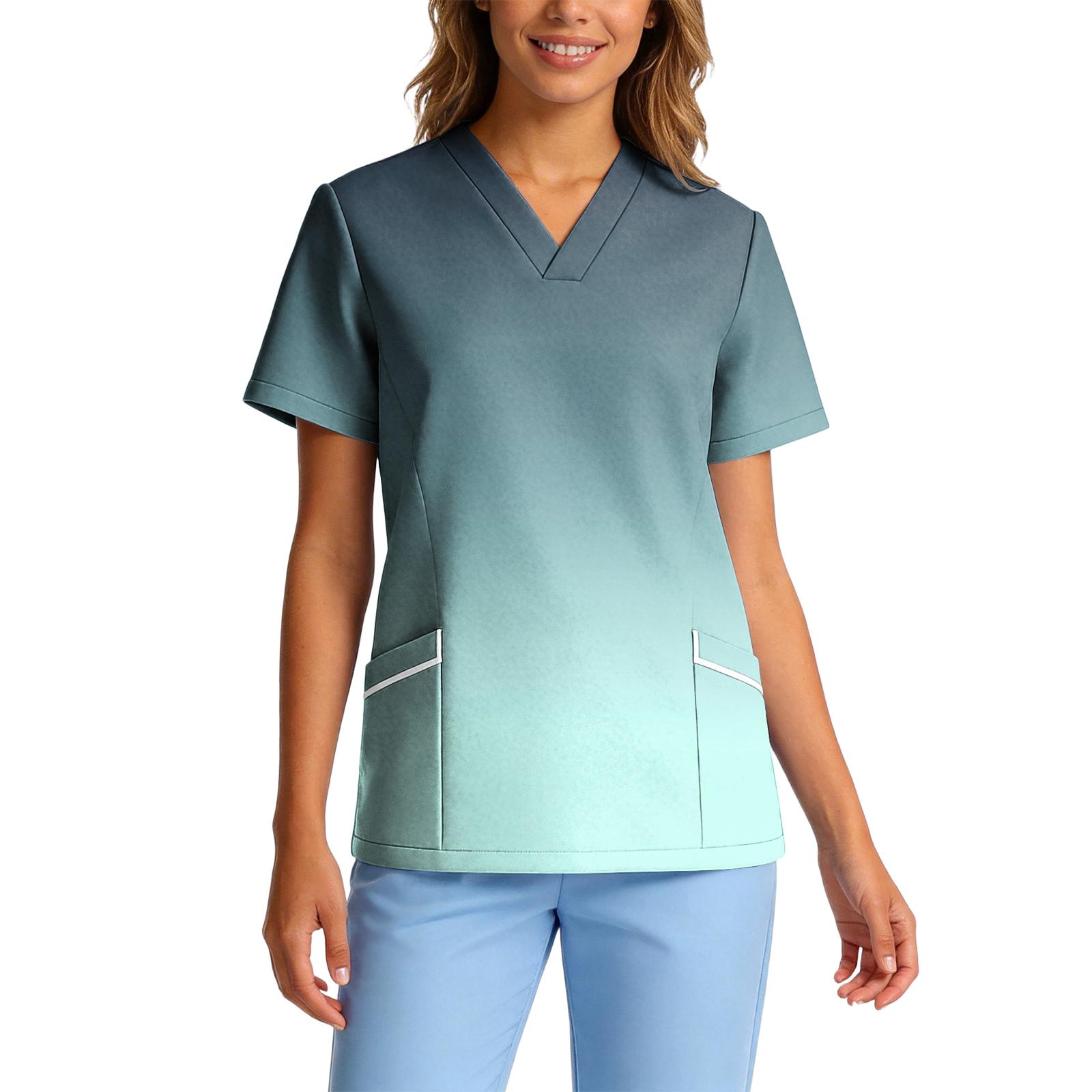 

Women s Stretch Quick-Dry V-Neck Short Sleeve Workwear Top with Gradient Print & Pockets XL