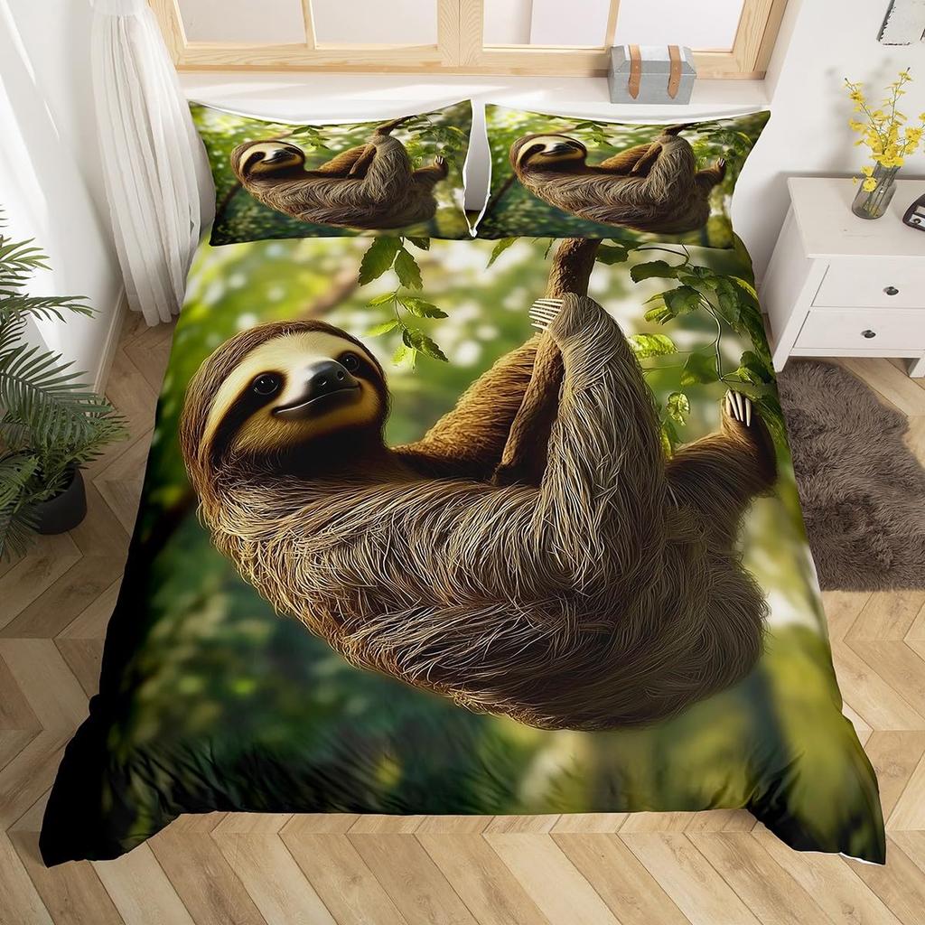 Cute Sloth Duvet Cover Watercolor Floral Bedding Set Lovely Jungle Animal Comforter Cover Twin King Kawaii Sloth Bedspread Cover