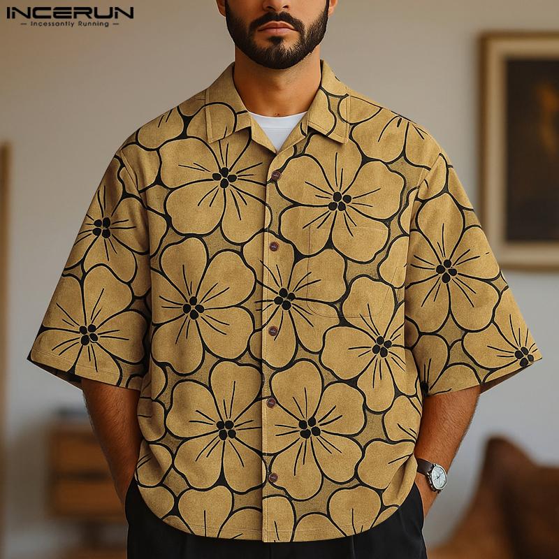 INCERUN Oversized Men Lapel Neck Half Sleeve Floral Print Casual Shirts
