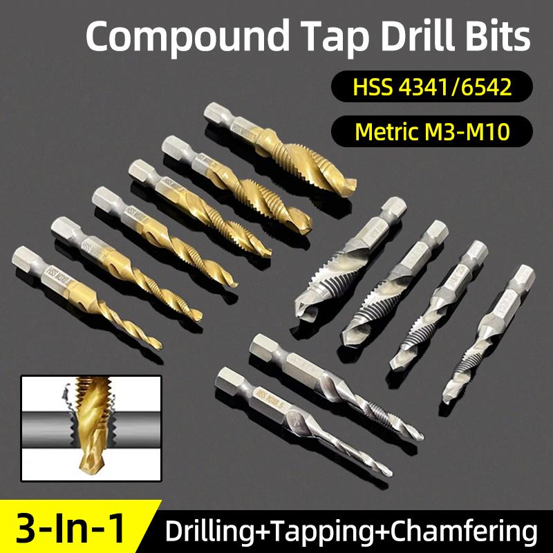 Hex Screw Thread Metric Tap Drill Bits Set HSS Titanium Composite Countersink Drill Reamer Metal Tapping Chamfering Tool Kit