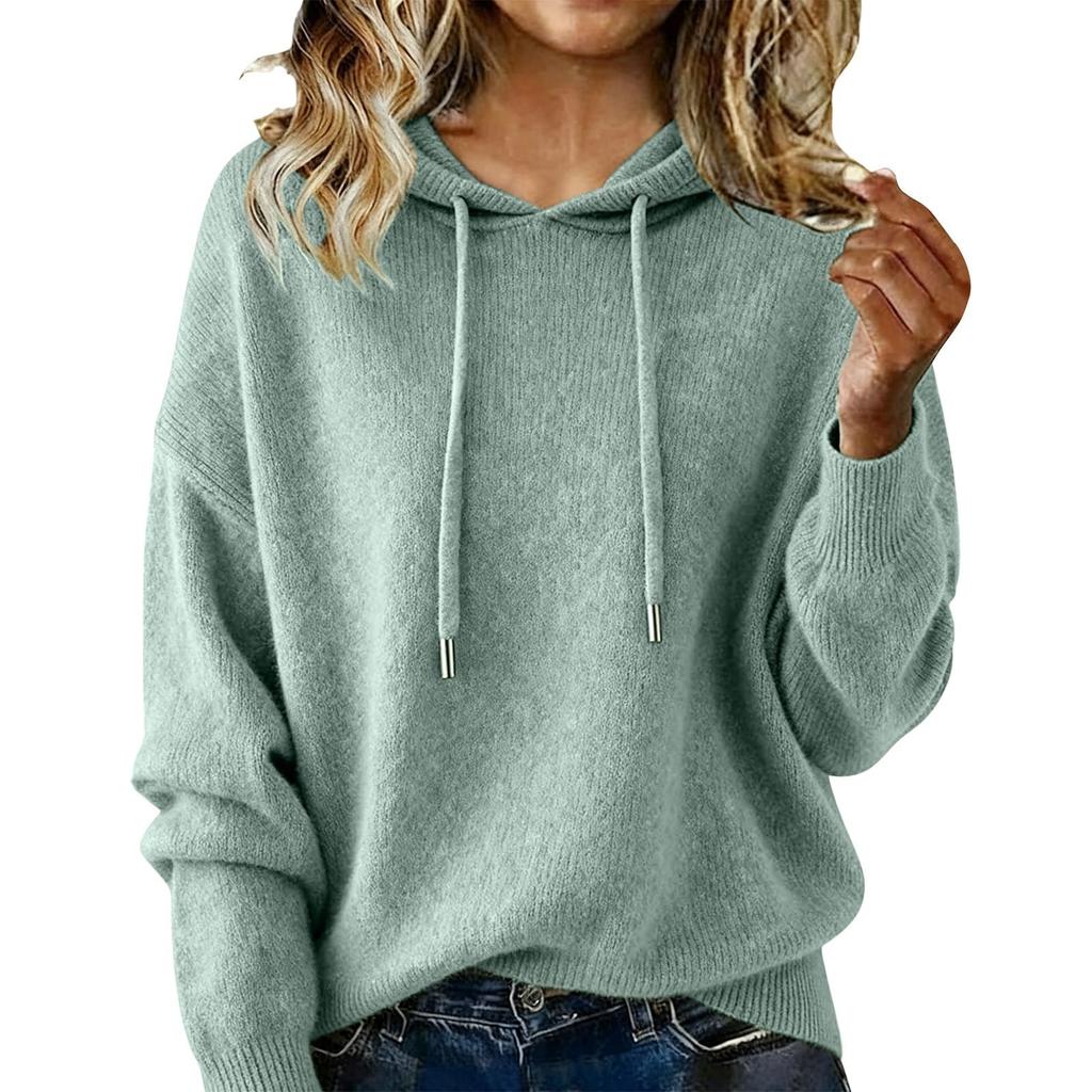 Women S Loose Fit Hooded Knit Pullover Sweater Long Sleeve Solid Color
