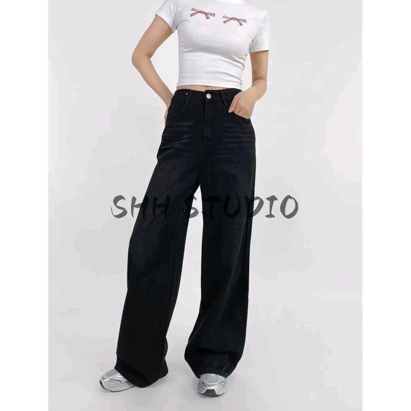 Summer New Women Clothes American Frayed Pocket Decoration High Waist Slimming Drape Straight Loose Mop Jeans