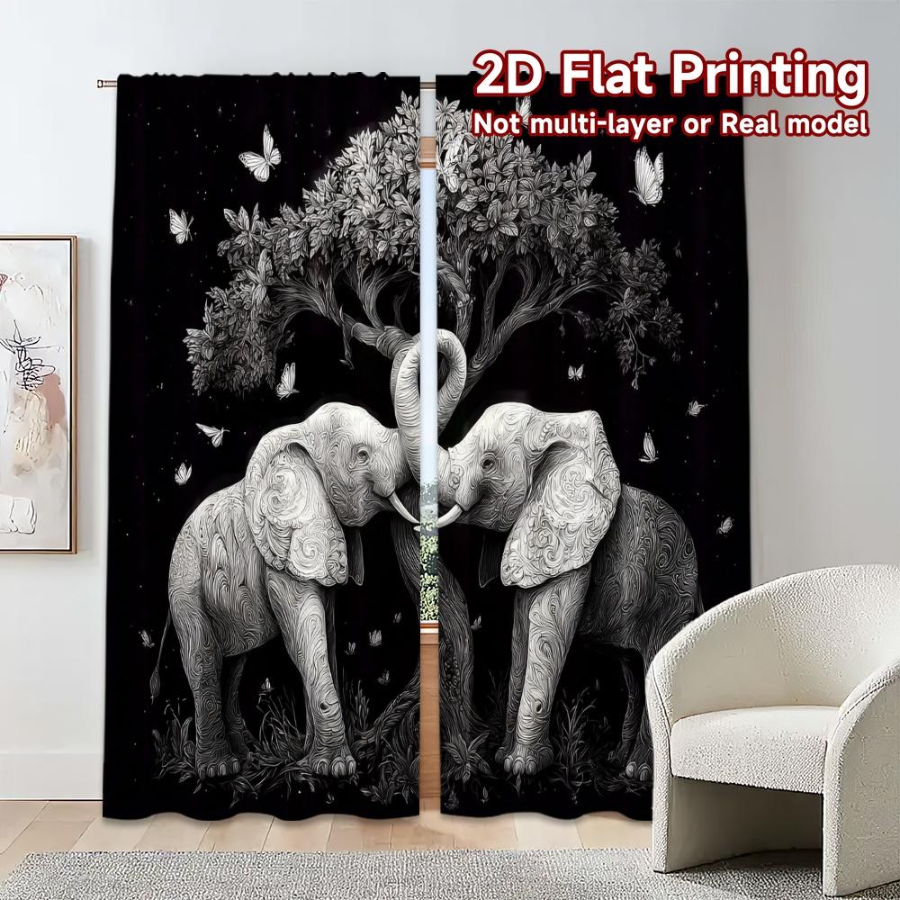 Flat Printing Curtains Without Rod Elephant Yin Yang Modern Polyester Easy Install Curtain Set Of 2 Contemporary Made Washable