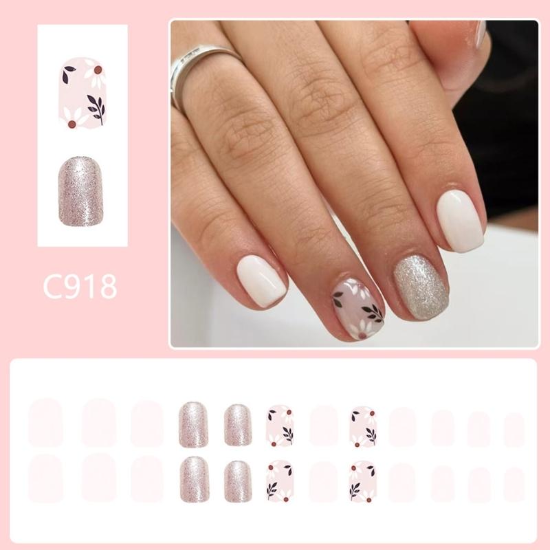 24 Pcs Short Square False Nail Flowers Press On Nail Simple Acrylic Nail Glossy Full Cover Stick on Nail for Woman