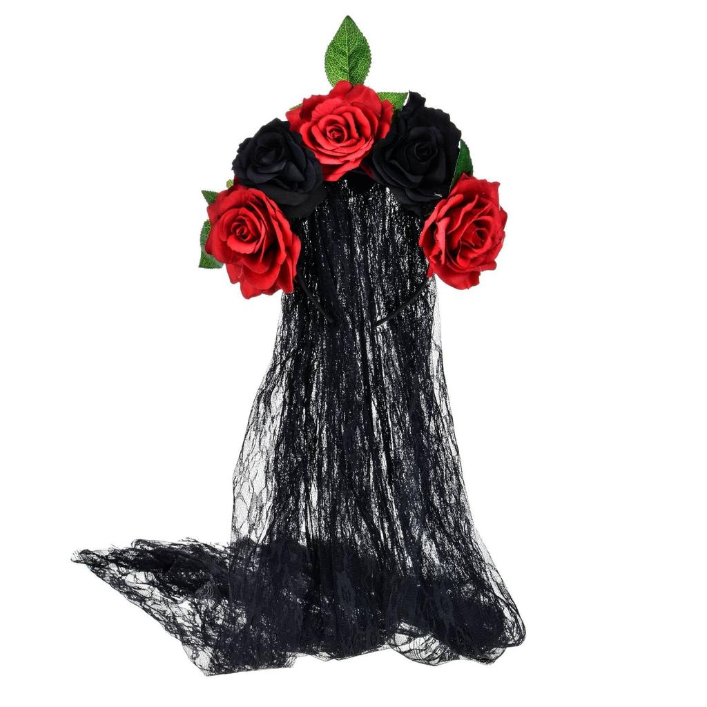 Halloween Headband Wreath Simulated Rose Flower Headband Lace Veil Bridal Party Headband Headband