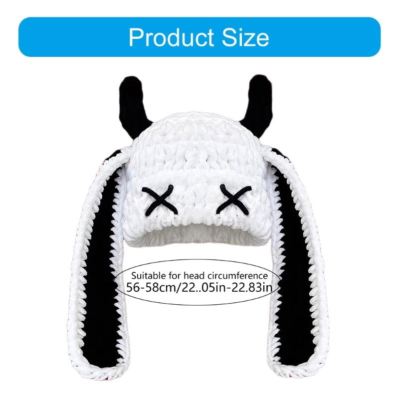 Handmade Crochet Cap with Devil Horn Long Ears Stretchy Pullover Hat Winter Warmth Hat Halloween Cosplay Head Accessory