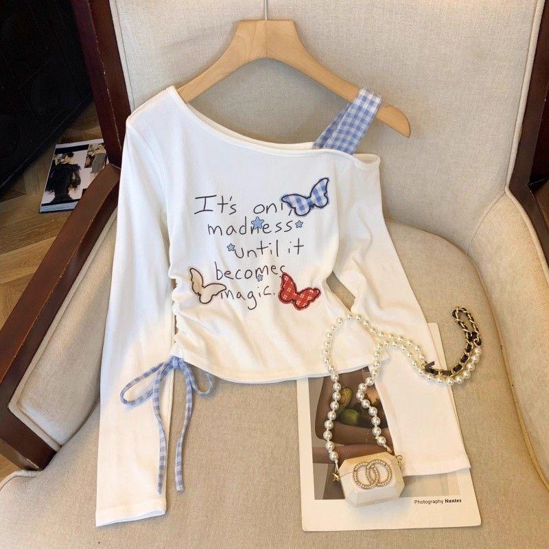 

American One-Shoulder Long-Sleeve Drawstring T-shirt for Women - Spring/Autumn Two-Piece Style XL