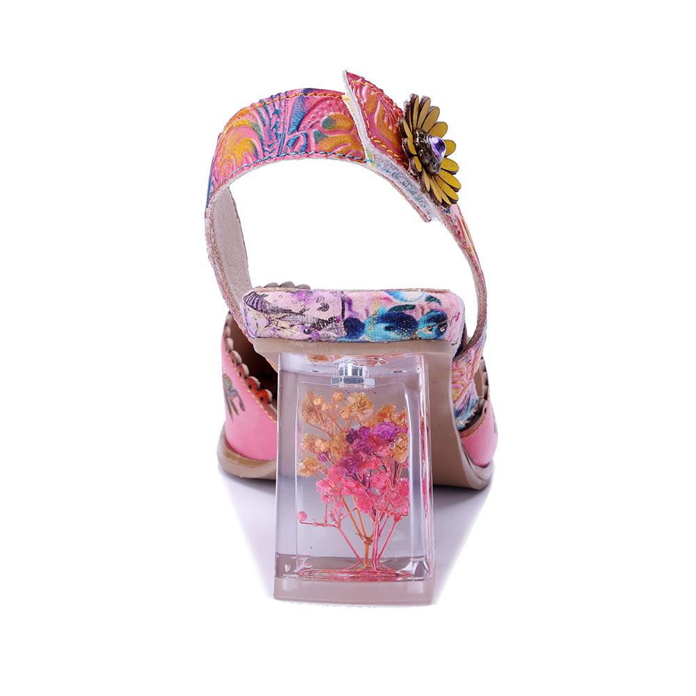 Johnature Handmade Genuine Leather Retro Court Style Exquisite Carved Comfortable High-heeled Sandals