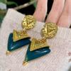 Elegant Dark Green Rhinestone Triangle Earrings with Gold Inlaid Geometric Design