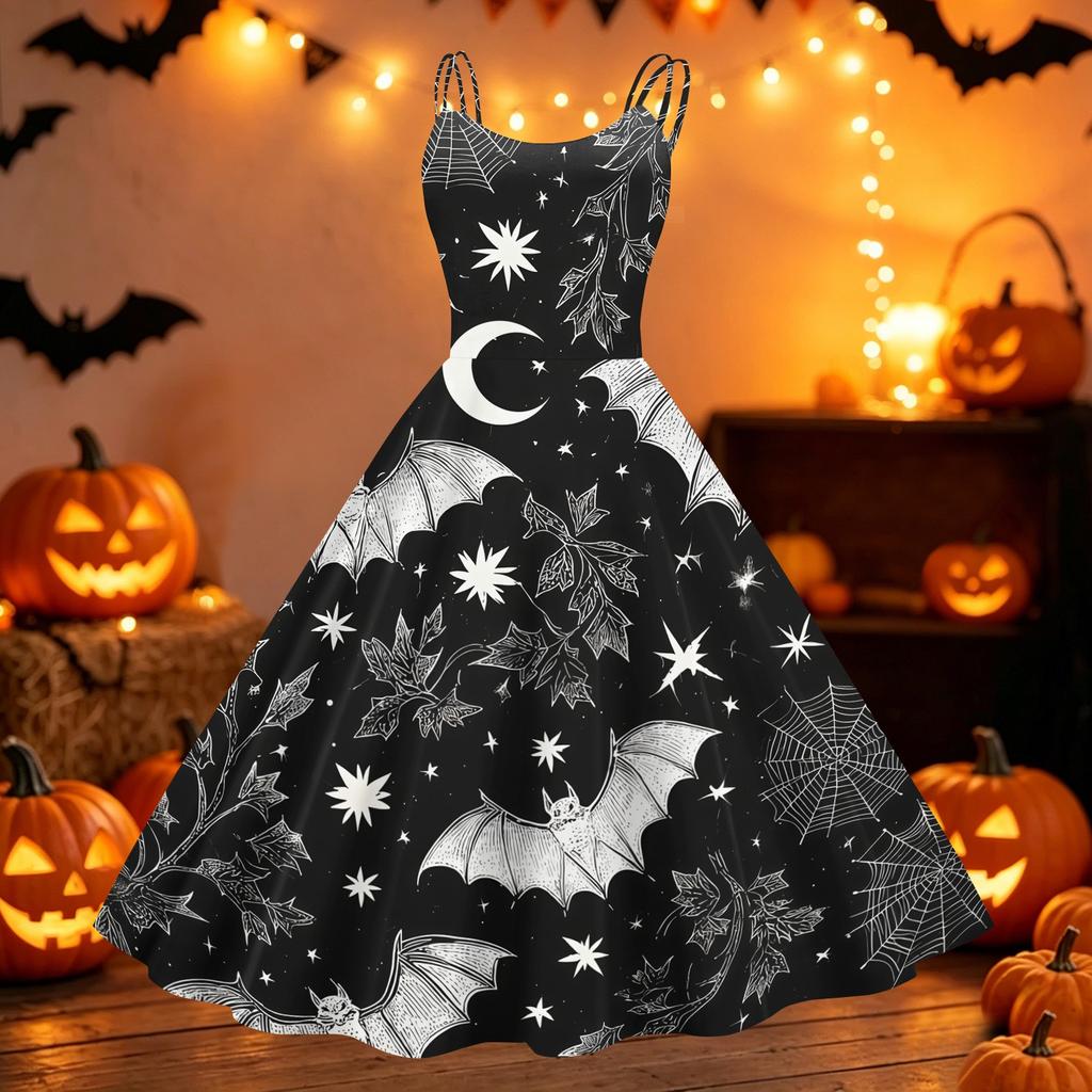 Women's Vintage Punk Off Shoulder Dress Halloween Print Sleeveless Spaghetti Strap Swing Dress Retro Gothic Style Dress