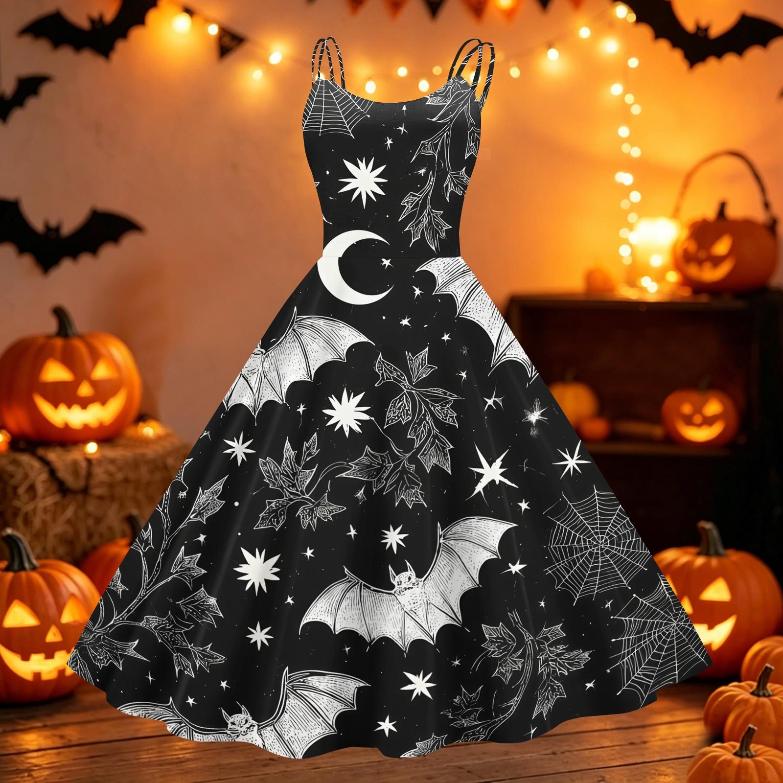 Women s Vintage Punk Off Shoulder Dress Halloween Print Sleeveless Spaghetti Strap Swing Dress Retro Gothic Style Dress XL чёрный