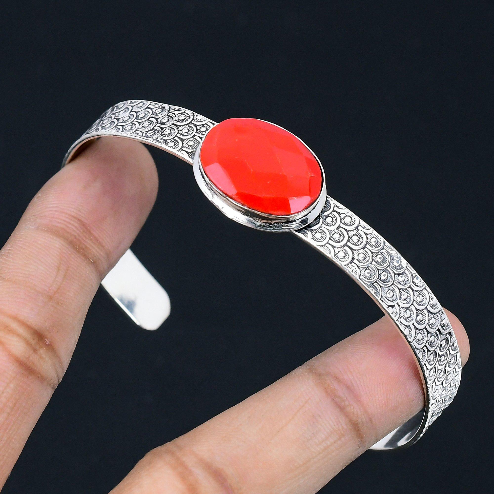 

Italian Coral Gemstone Sterling Silver Engagement Anniversary New Bangle Jewelry Adjustable