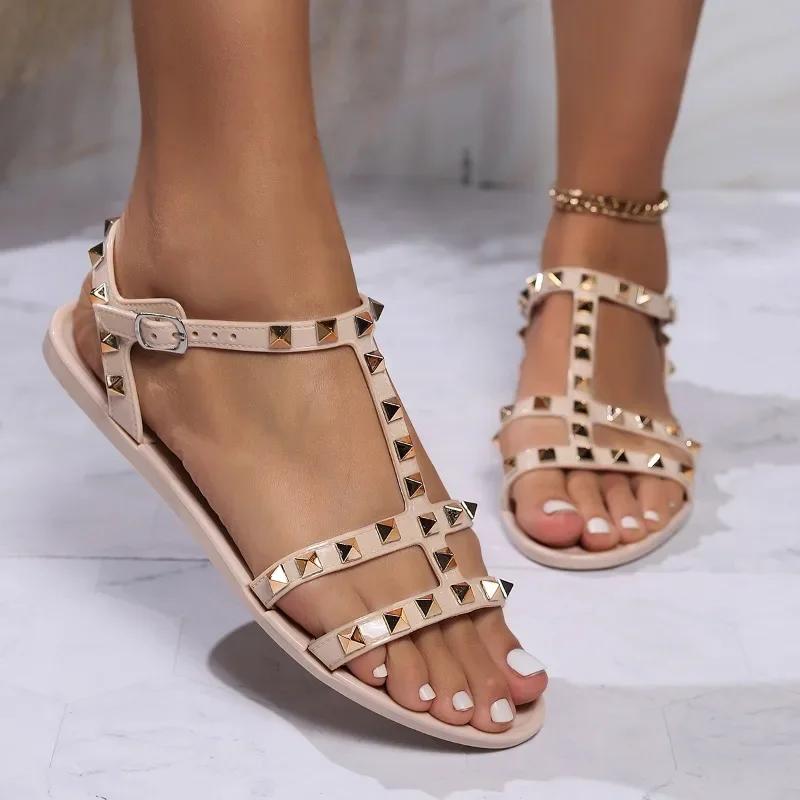 Fashion 2025 Summer Women's Sandals PVC Ladies Casual Flat Sandales Shoes Fashion Rivet Walking Buckle Strap Jelly Sandalias De Mujer