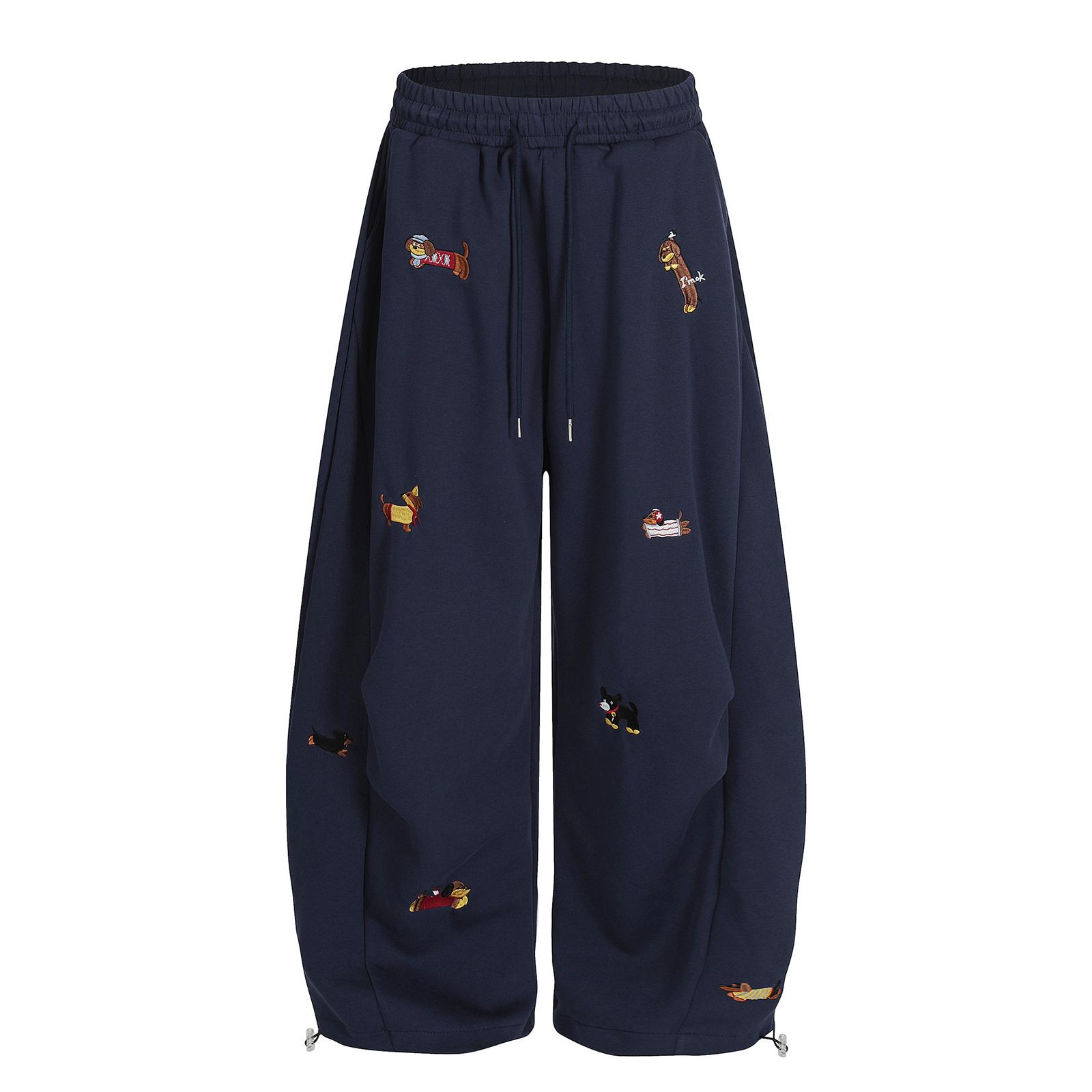Zhengfuzhihai Borduurwerk Puppy Baggy Barrel Sweatpants Casual Elastisch Trekkoord Unisex Wijde Pijpen Broek M Vloot
