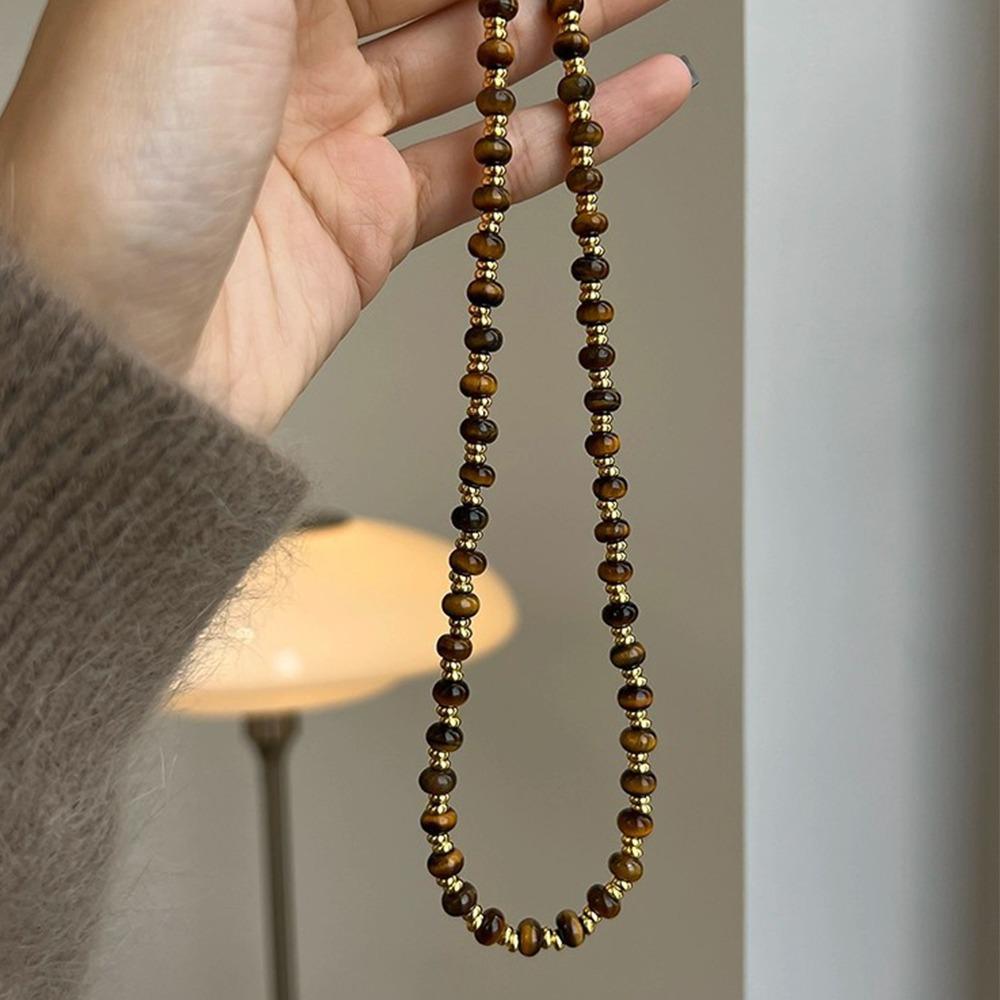 Retro Tiger Eye Stone Necklace Artificial Glass Chain Choker New Pearl Beaded Necklaces  for Women