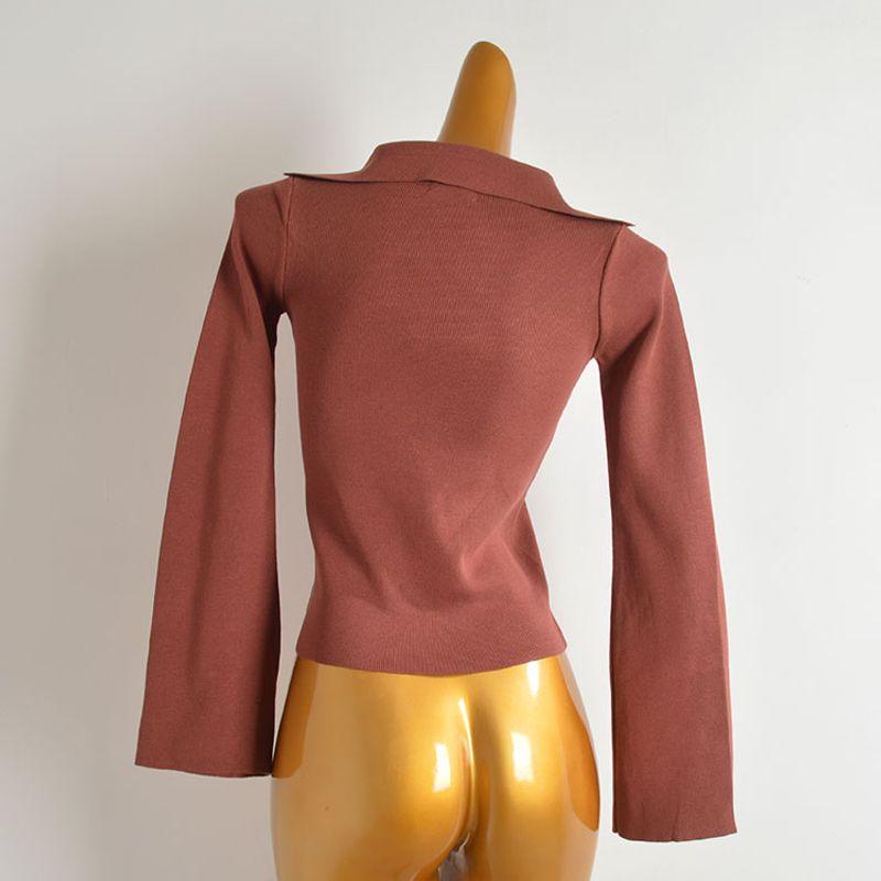 French Simplicity Pure Color Polo Lapel Knitwear Women's Clothing Silm Slim Looking Short Bottoming Shirt Long-Sleeved Versatile Top