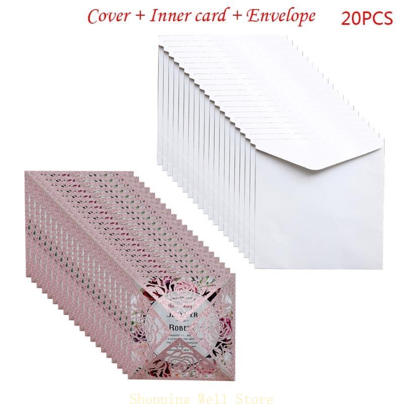 KX4B 20pcs/set Wedding Invitations Cards Glitter Rose Flower Greeting Card Invite Envelopes Bridal Shower Supplies