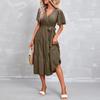 Women’s Short Sleeve V Neck Wrap Midi Dress with Adjustable Waist Tie and Flowing Skirt for Casual and Daily Wear