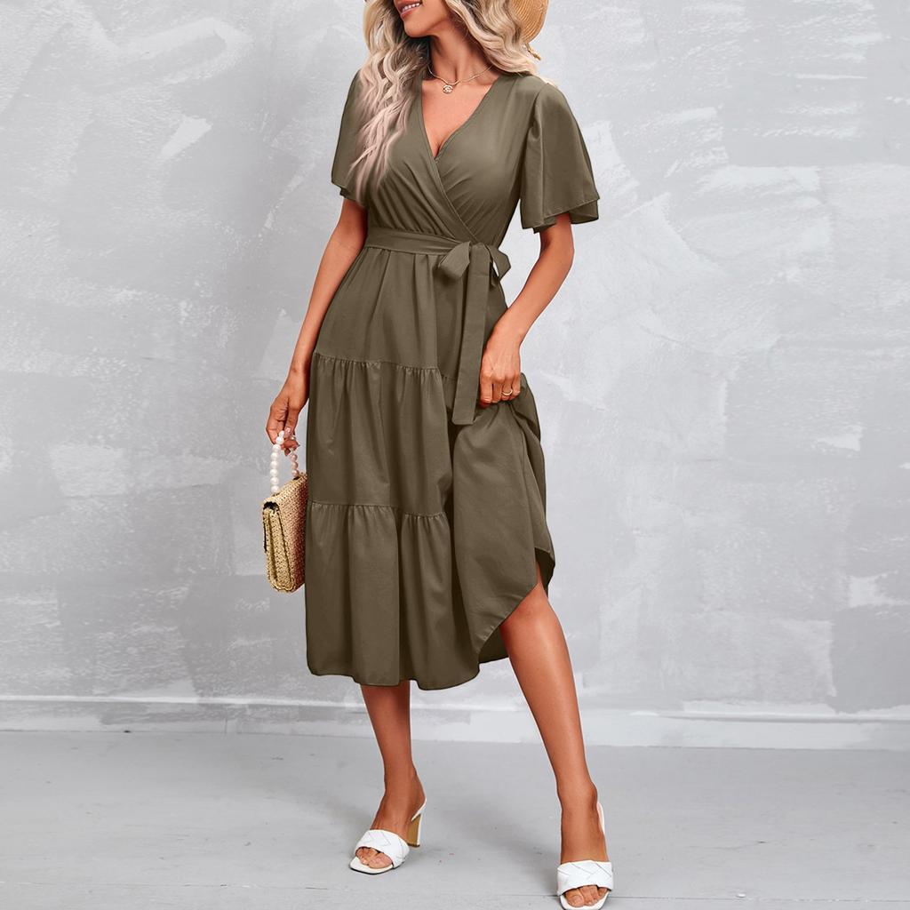 Women’s Short Sleeve V Neck Wrap Midi Dress with Adjustable Waist Tie and Flowing Skirt for Casual and Daily Wear