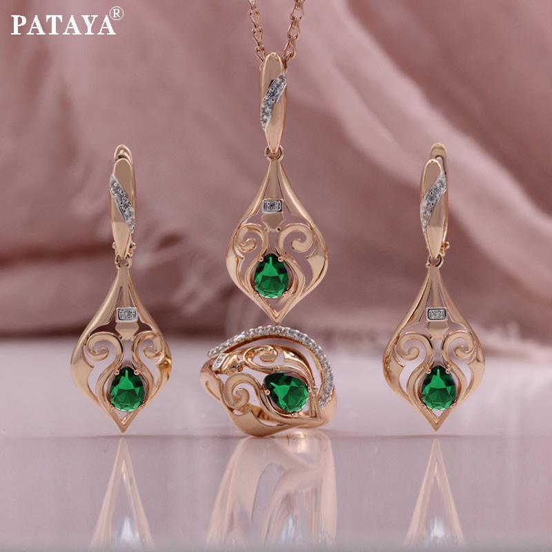 

PATAYA Классический цвет розового золота Зеленый Светло-голубой Искусственный циркон Серьги Кольцо Подвеска Ожерелье Комбинированный набор 10