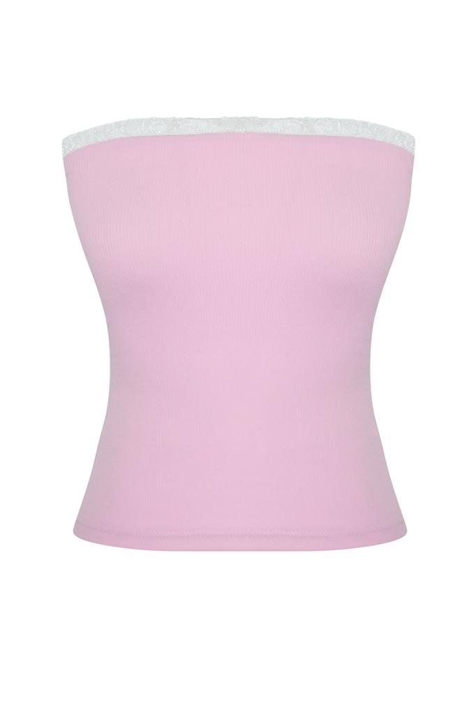 Women's Style Blouse Pink Ribbed Strapless Collar Woven Garnished Fitted Cotton Crop Knitted Blouse