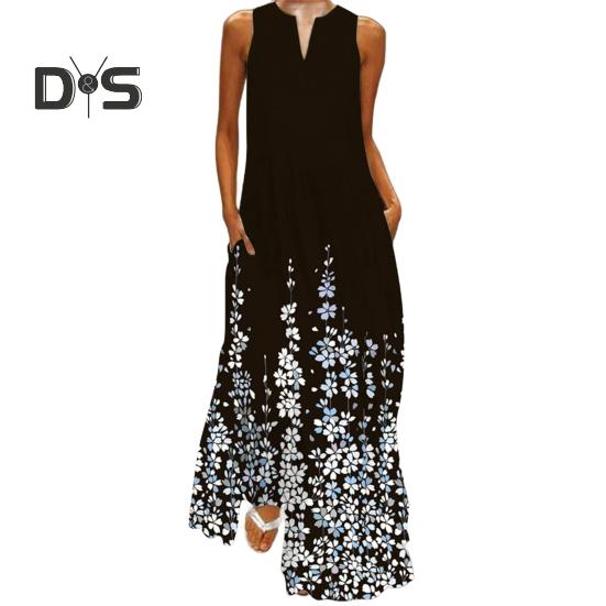 

Платье макси с карманами и цветочным принтом, А-силуэта, V-образного выреза, без рукавов, свободного покроя, полной длины, для пляжных вечеринок M чёрный