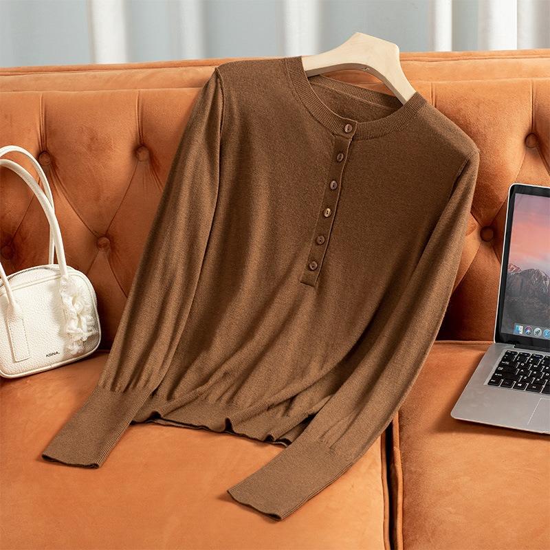 Simple and Decent Half-open Round Neck Design All-wool Pullover Wool Sweater Women's Versatile and Thin Casual Simple Knitting