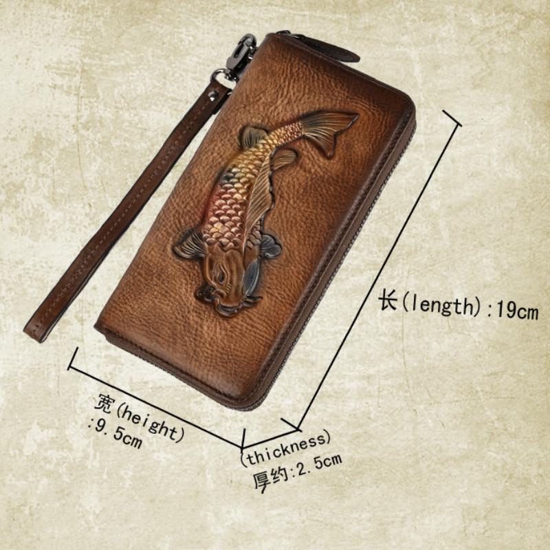 Genuine Leather Women Clutches Wallet Women's Cell Mobile Phone Punch Bag Wristband Zipper Purse Golden Fish Engraved