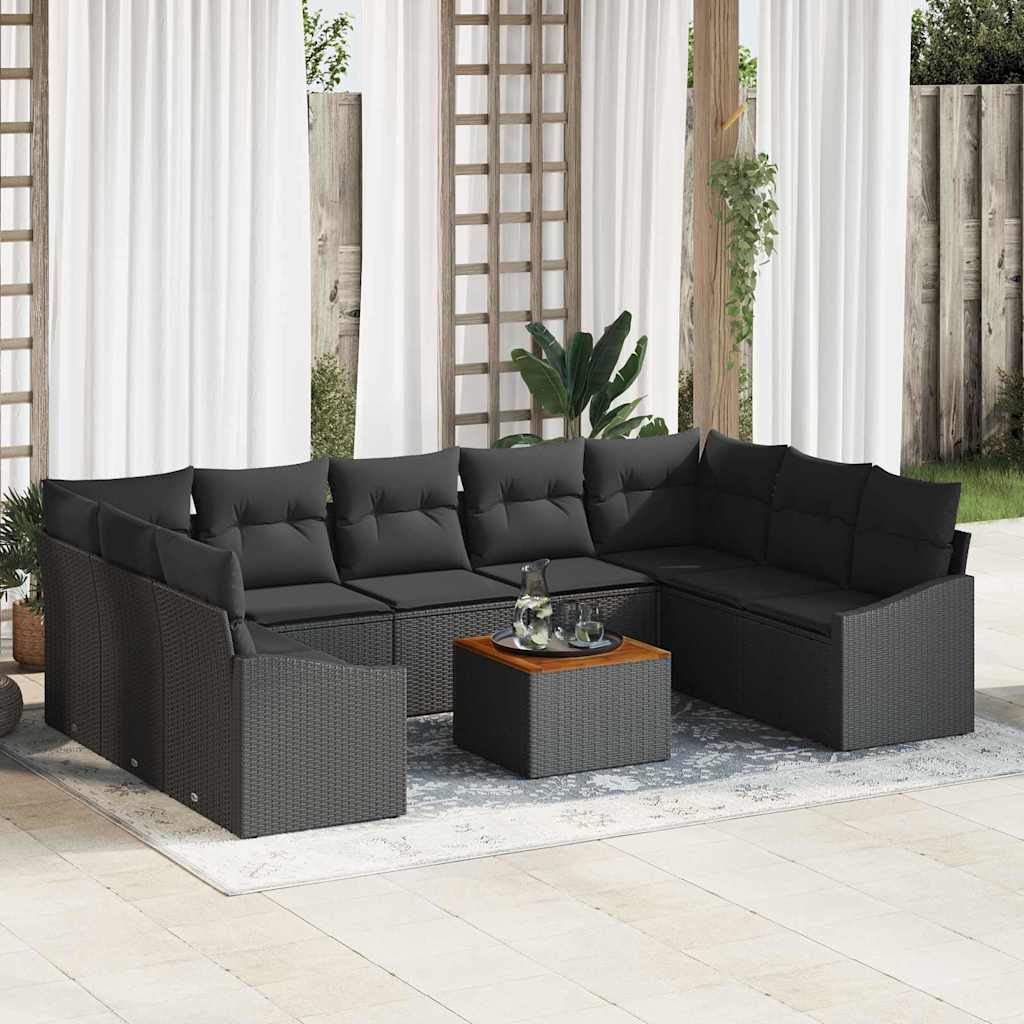 Garden Sofa Set with Cushions 10 pcs Black Poly Rattan