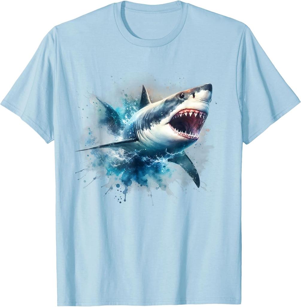 Great White Shark Splashing Water Graphic Tee Breathable Cotton Short Sleeve TShirt