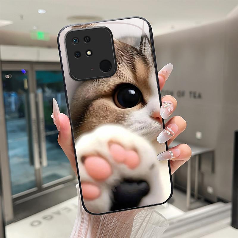 

Beautiful Flower Cute Cartoon Cats Case For Xiaomi Redmi 10C 10 Power Tempered Glass Phone Case Protective Back Cover Hard Shell Redmi 10 Power
