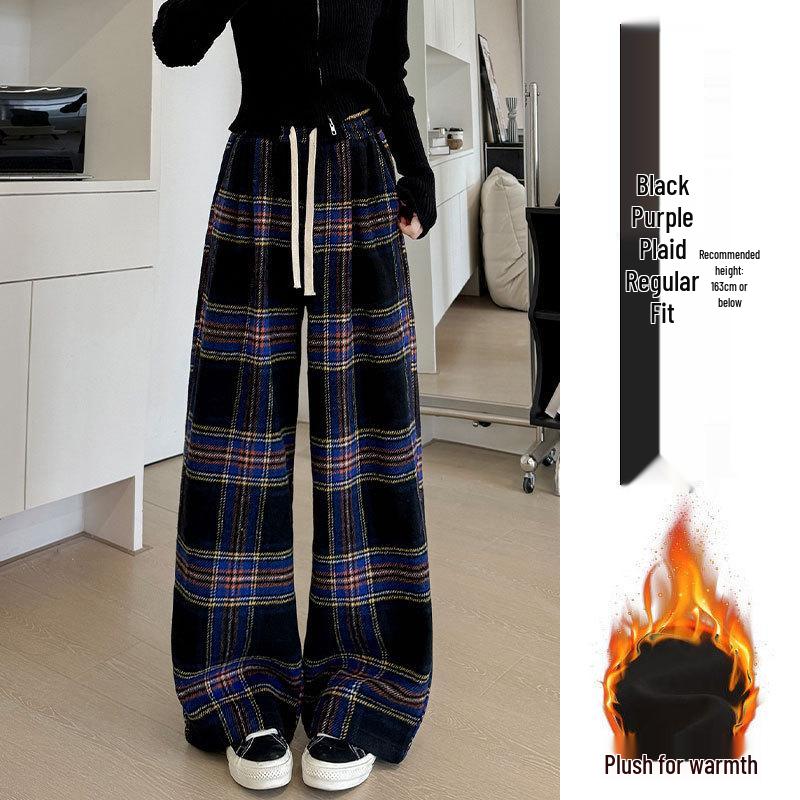 Women's High-End Retro Plaid Velvet Pants: Loose, Slimming Straight-Leg, Casual Wide-Leg Long Pants