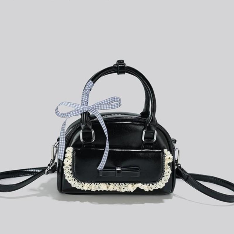 JIAERDI Süße Niedliche Rosa Umhängetasche Damen Harajuku Spitze Schleife Schicker Griff Boston Umhängetaschen Damen Retro Bowlingtasche Y2k