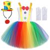 Rainbow Circus Clown Costume for Girls Funny Joker Halloween Tutu Dress for Kids Birthday Carnival Party Outfit Children Clothes