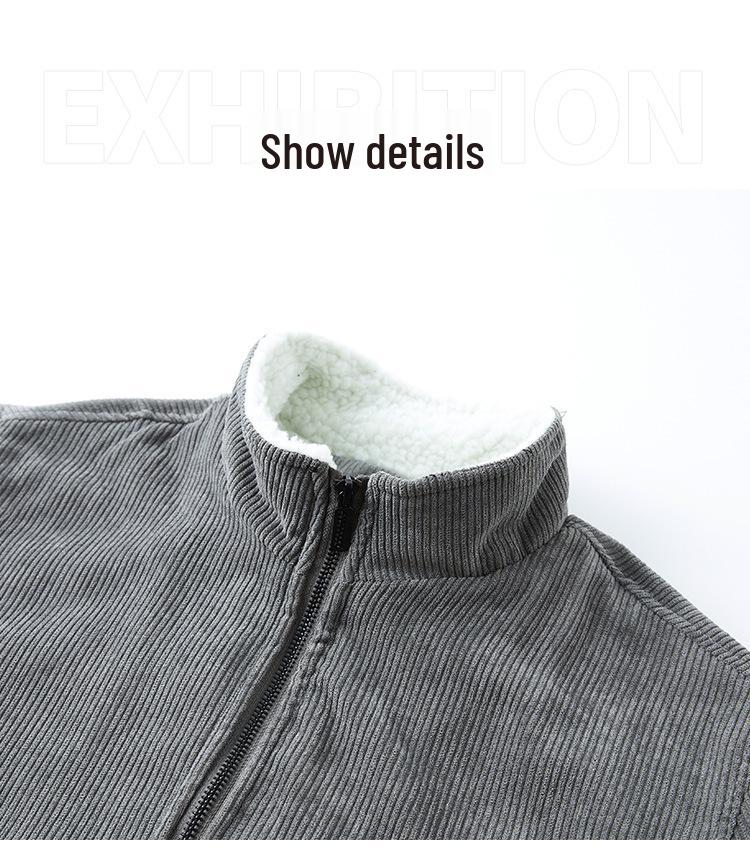 Men's Retro Corduroy Lambswool Jacket - Winter Warm Stand Collar, Mid-weight, Casual Style